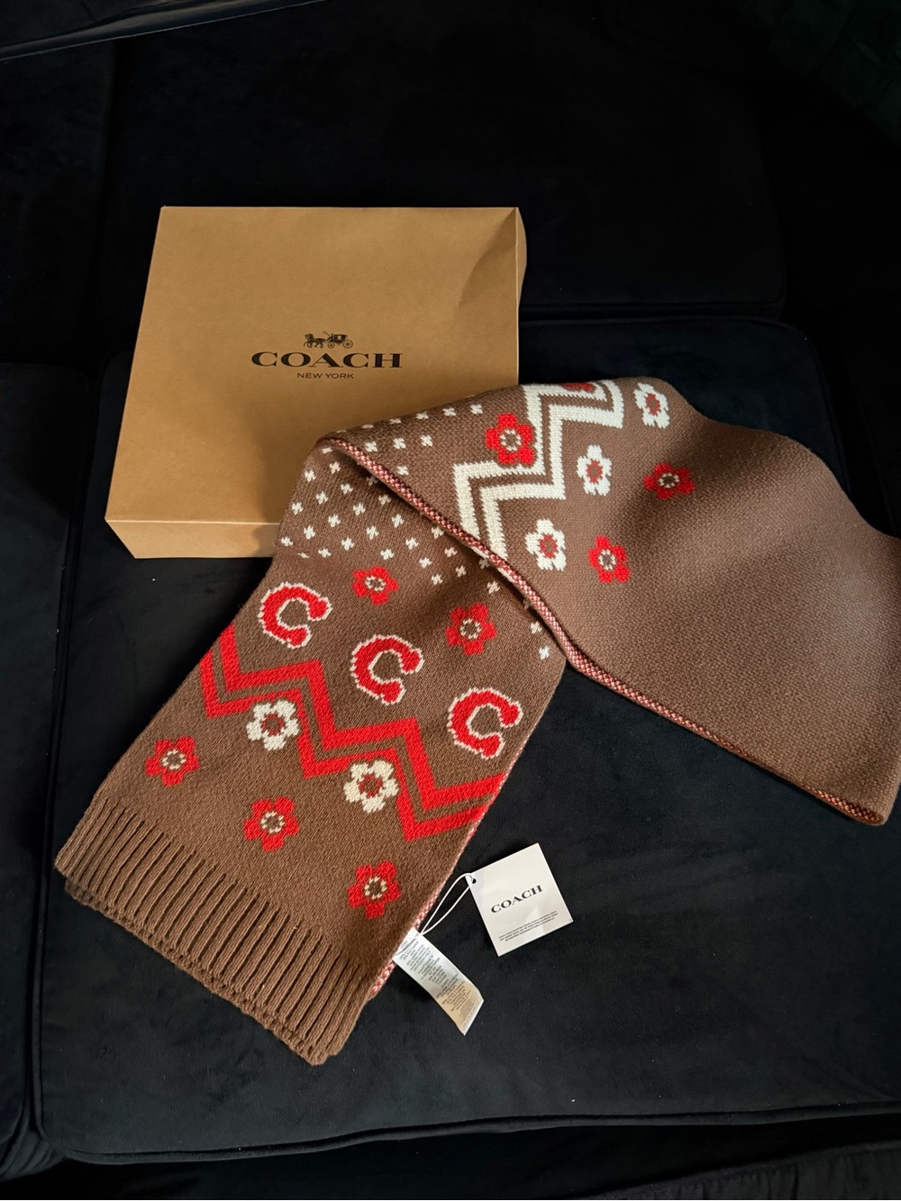 COACH Brown Knit Scarf with Red Floral Pattern